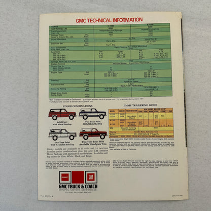 GMC Jimmy Truck Sales Brochure Catalog 4 Wheel Drive 2 Wheel Drive Vintage