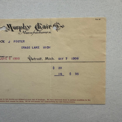 Murphy Chair Company Detroit Michigan Receipt Document Letterhead 1908 Lot 2x