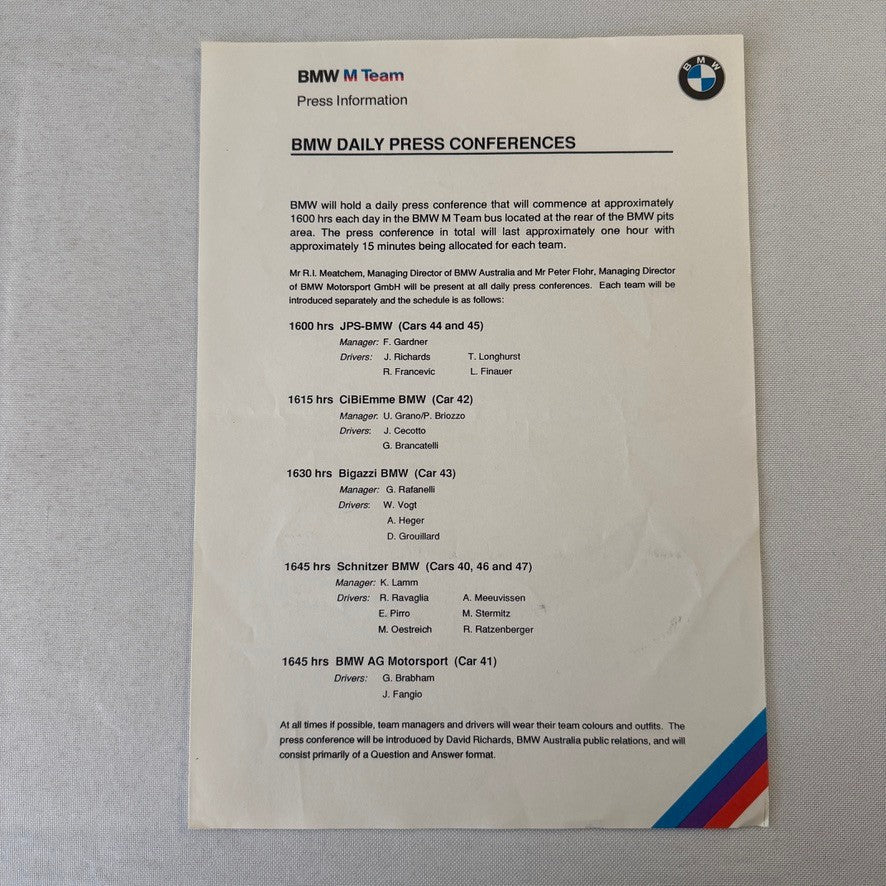 1987 BMW Motorsport John Player Special Racing Team Press Kit Brochure Photos