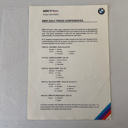 1987 BMW Motorsport John Player Special Racing Team Press Kit Brochure Photos