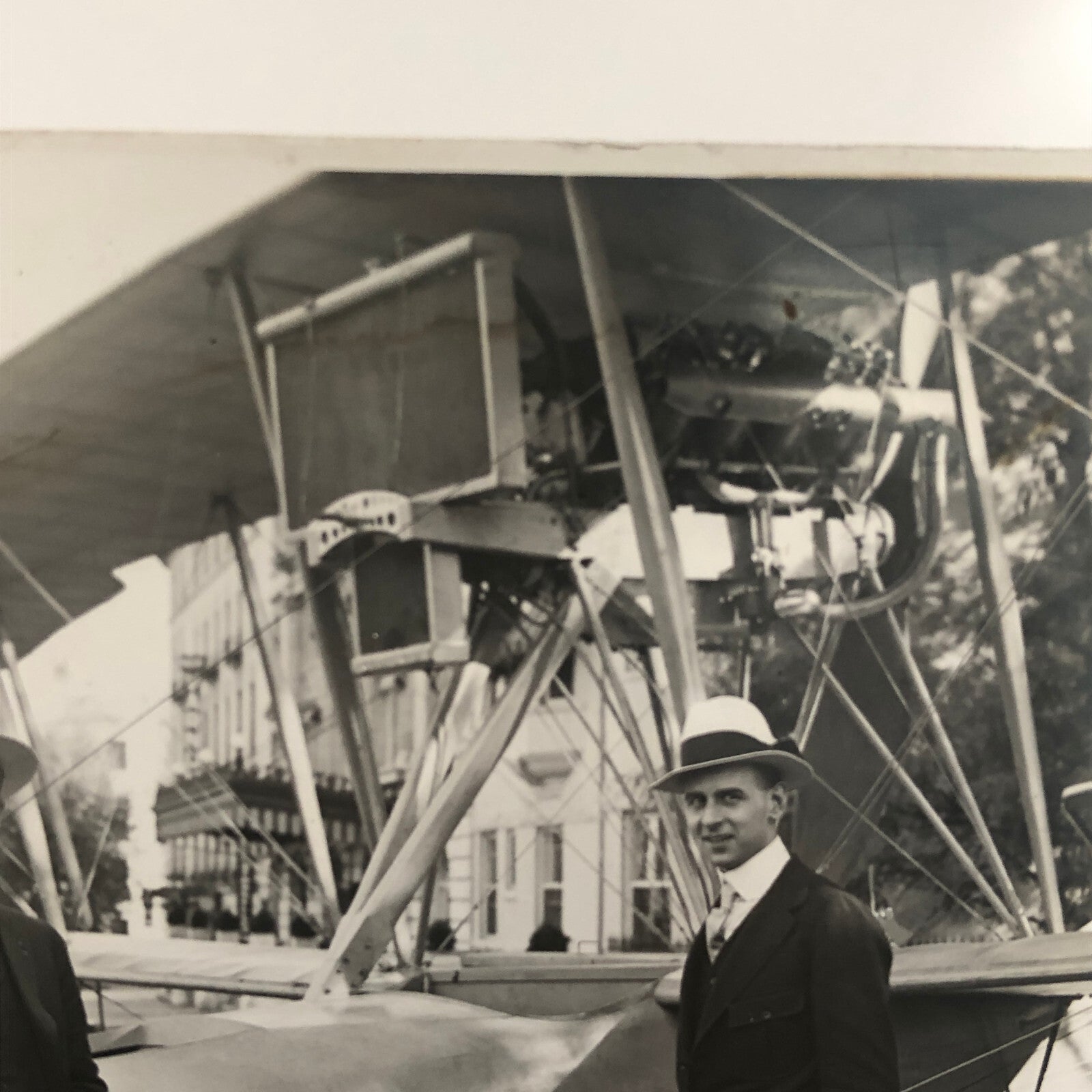 Antique Glass Plate Lantern Slide Men Flying Boat Airplane Aircraft Aviator