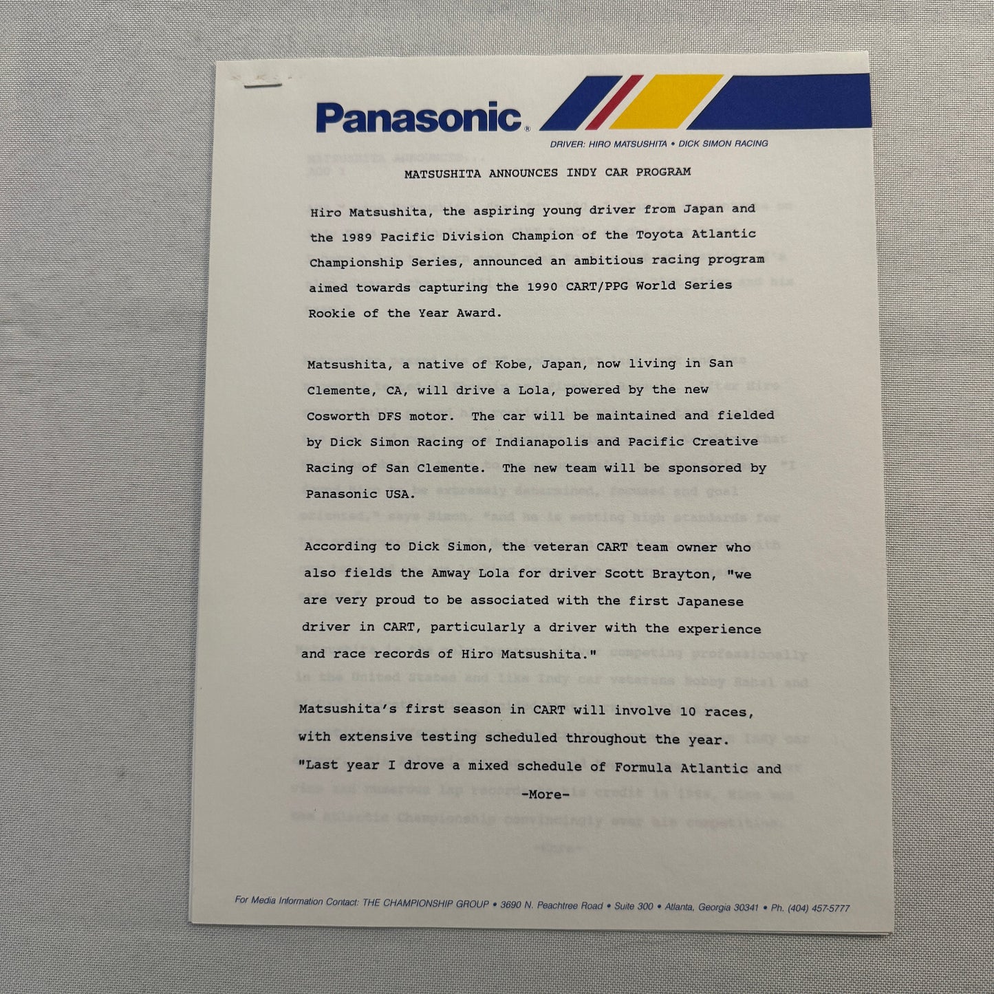 Vintage CART IndyCar Press Kit Hiro Matsushita Panasonic Racing Driver