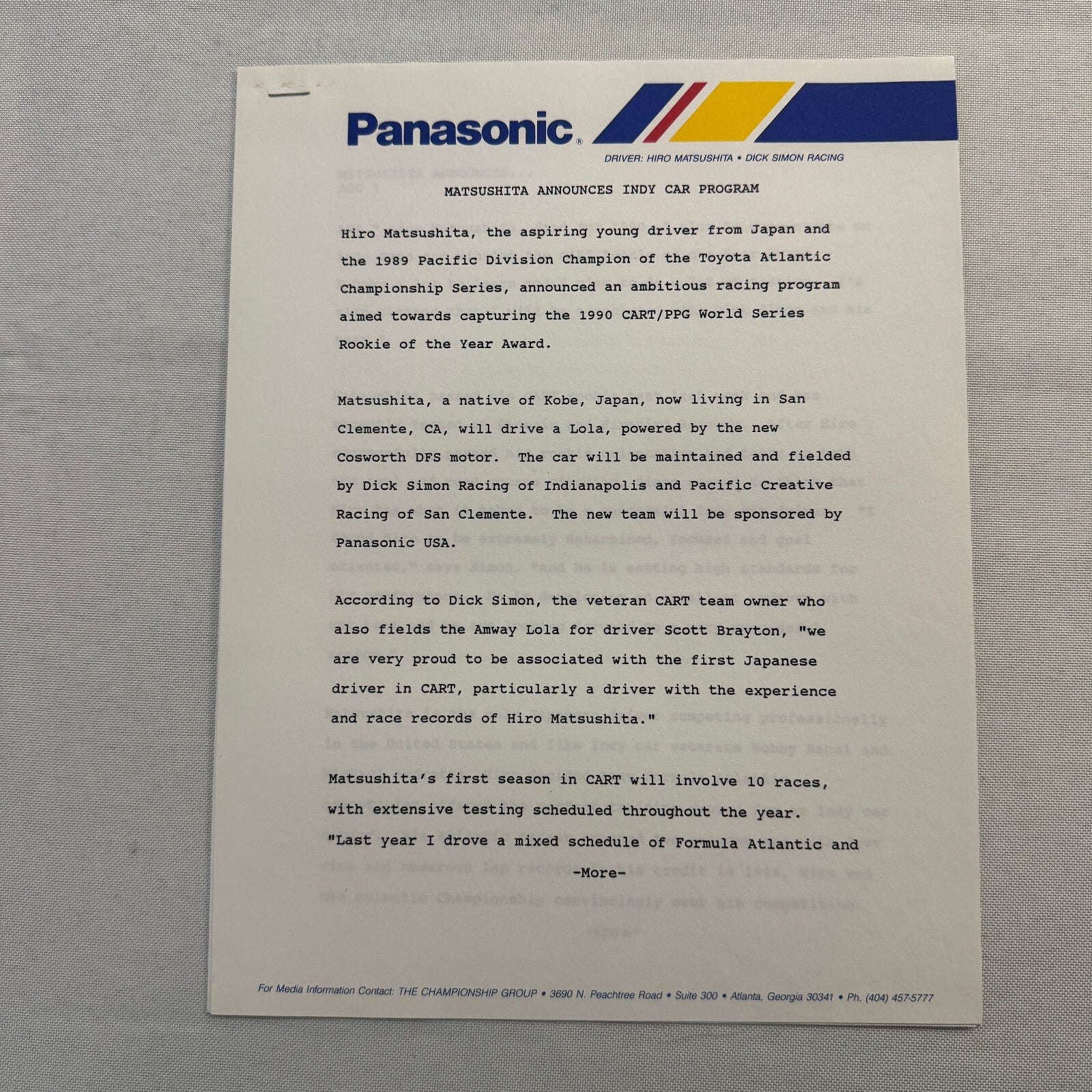 Vintage CART IndyCar Press Kit Hiro Matsushita Panasonic Racing Driver