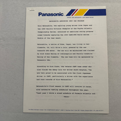 Vintage CART IndyCar Press Kit Hiro Matsushita Panasonic Racing Driver