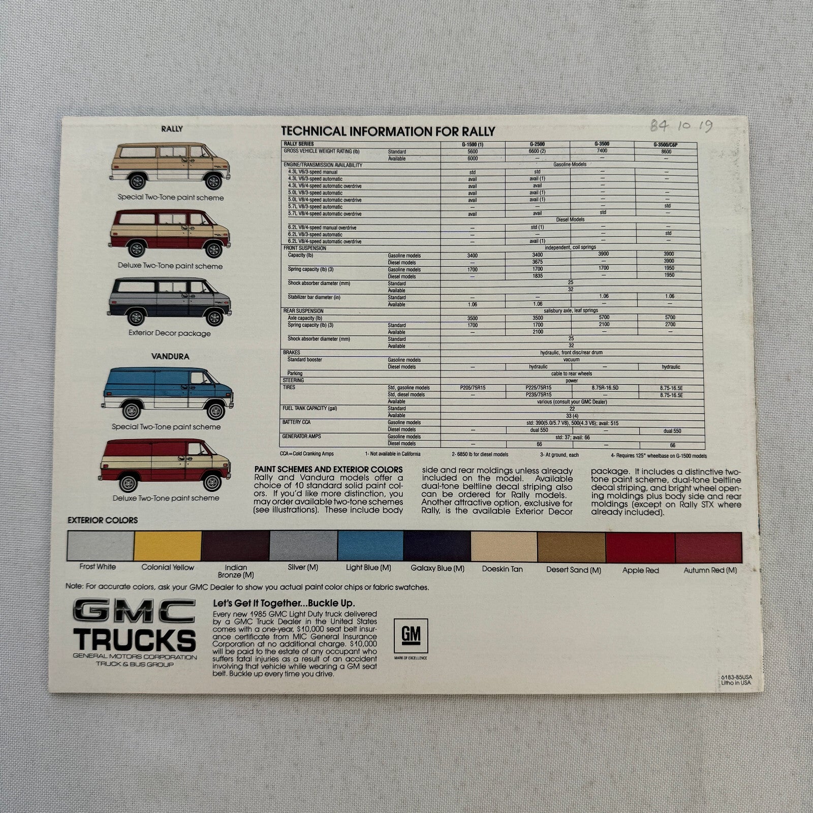 1985 GMC Vandura and Rally Van Sales Brochure Catalog