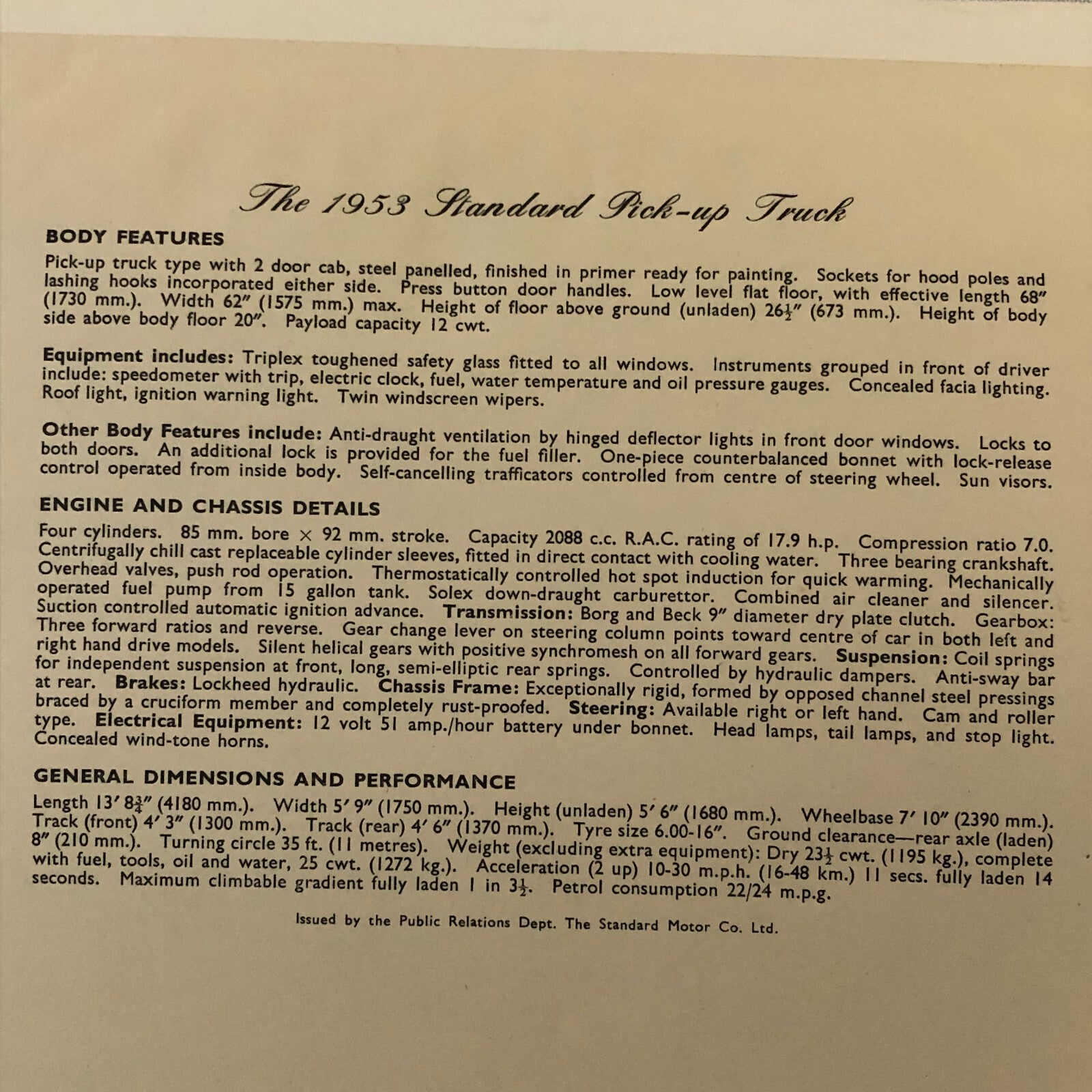 1953 Standard Pickup Truck Factory Press Photo Photograph