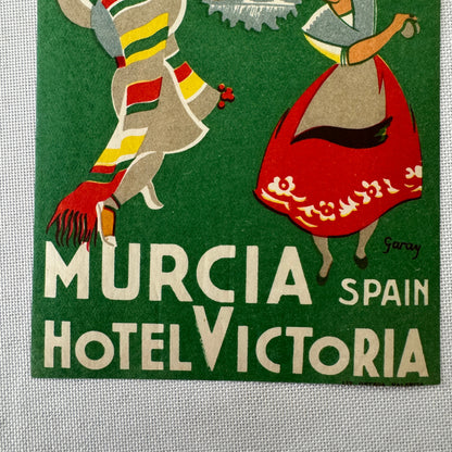 Vintage Hotel Travel Luggage Label Murcia Spain Hotel Victoria Spanish