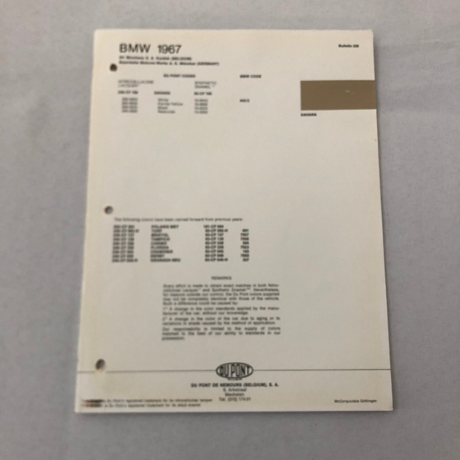 1967 BMW Car Dupont Paint Chip Color Sample Sheet SAHARA