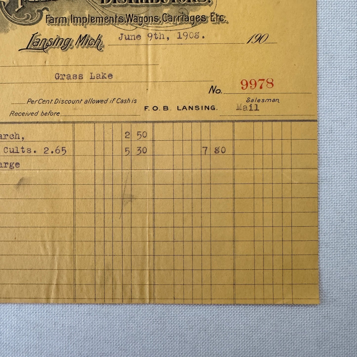 Michigan Distributing Company Farm Implements Carriages 1908 Document Lansing