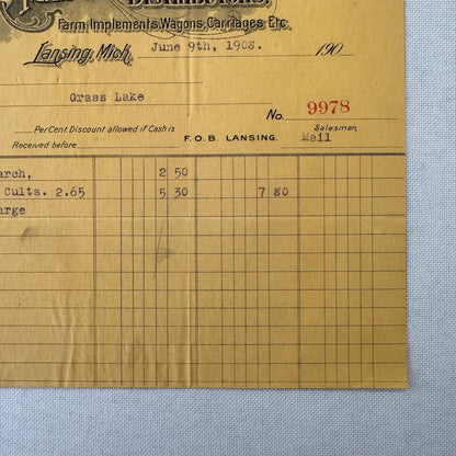 Michigan Distributing Company Farm Implements Carriages 1908 Document Lansing