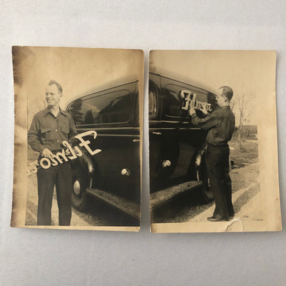 Vintage Photo Photograph Print Lot of 2 Man with Panel Van Attaching Sign