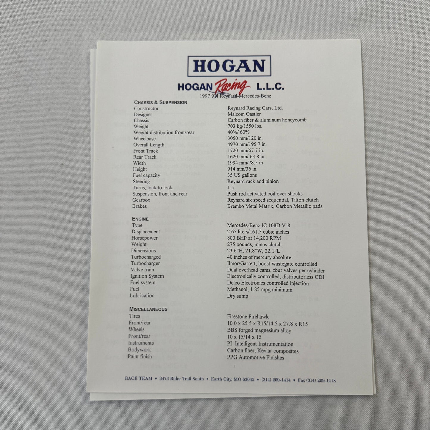 Hogan Racing PPG CART Dario Franchitti Reynard Mercedes Car Racing Press Kit