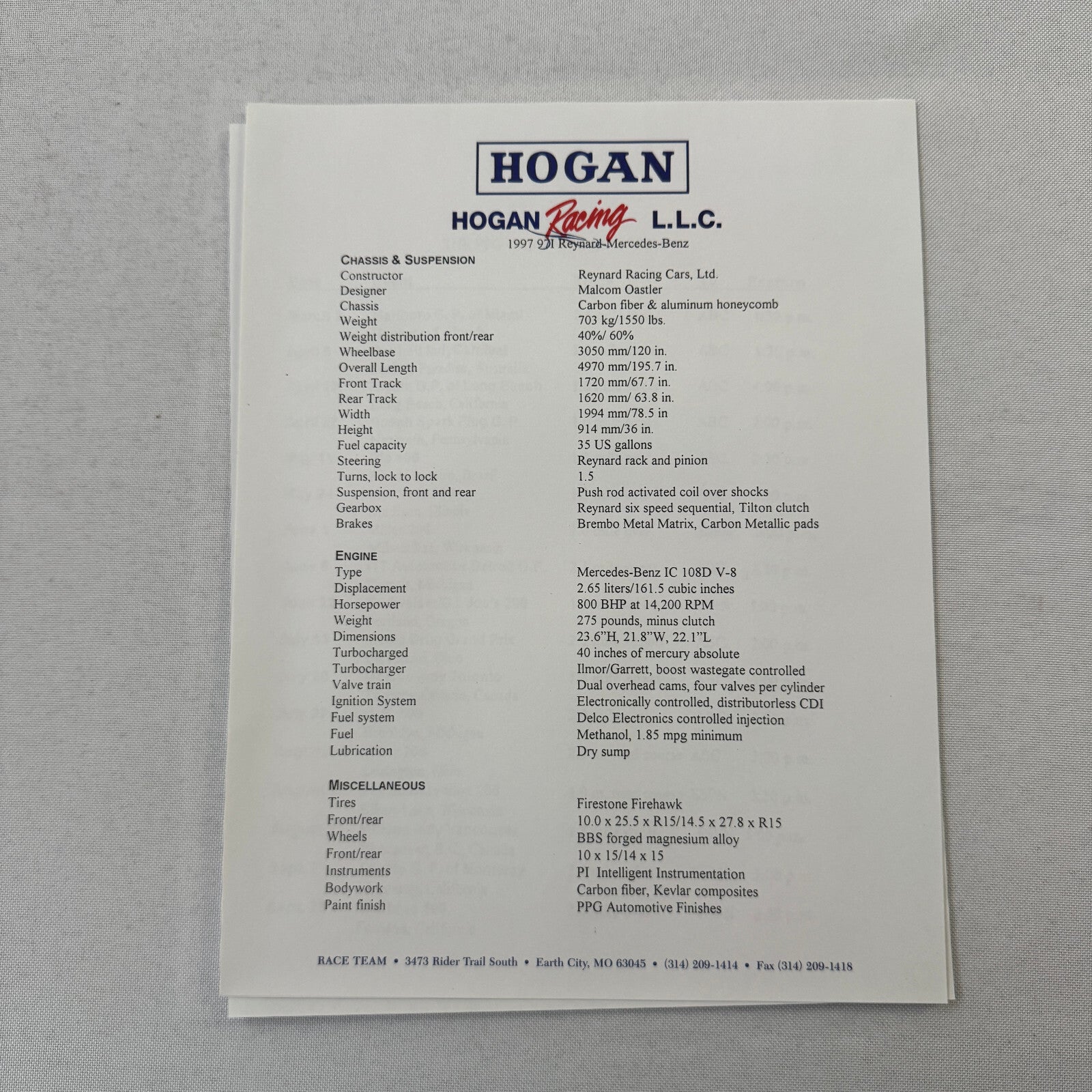 Hogan Racing PPG CART Dario Franchitti Reynard Mercedes Car Racing Press Kit