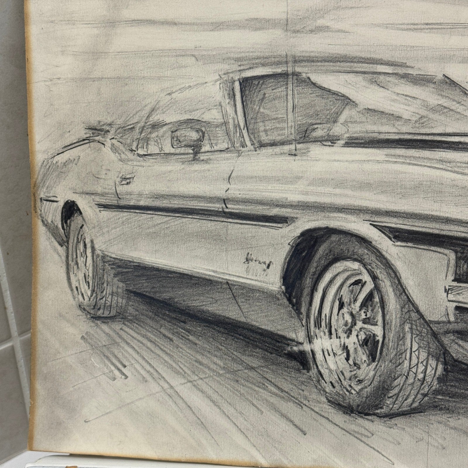 Ford Mustang Vintage Car Illustration Drawing Sketch Original Art Signed