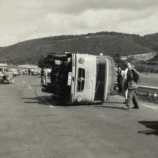 Vintage Truck Bus Accident Wreck Rollover Photo Photograph Borgward