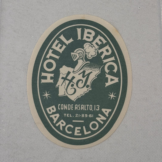 Vintage Hotel Travel Label Hotel Iberica Barcelona Spain Espana Spanish