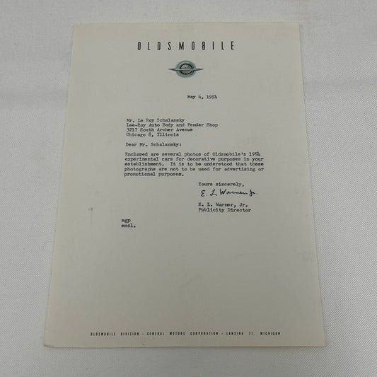 1954 Oldsmobile Letter Letterhead Vintage Document Signed Publicity Director