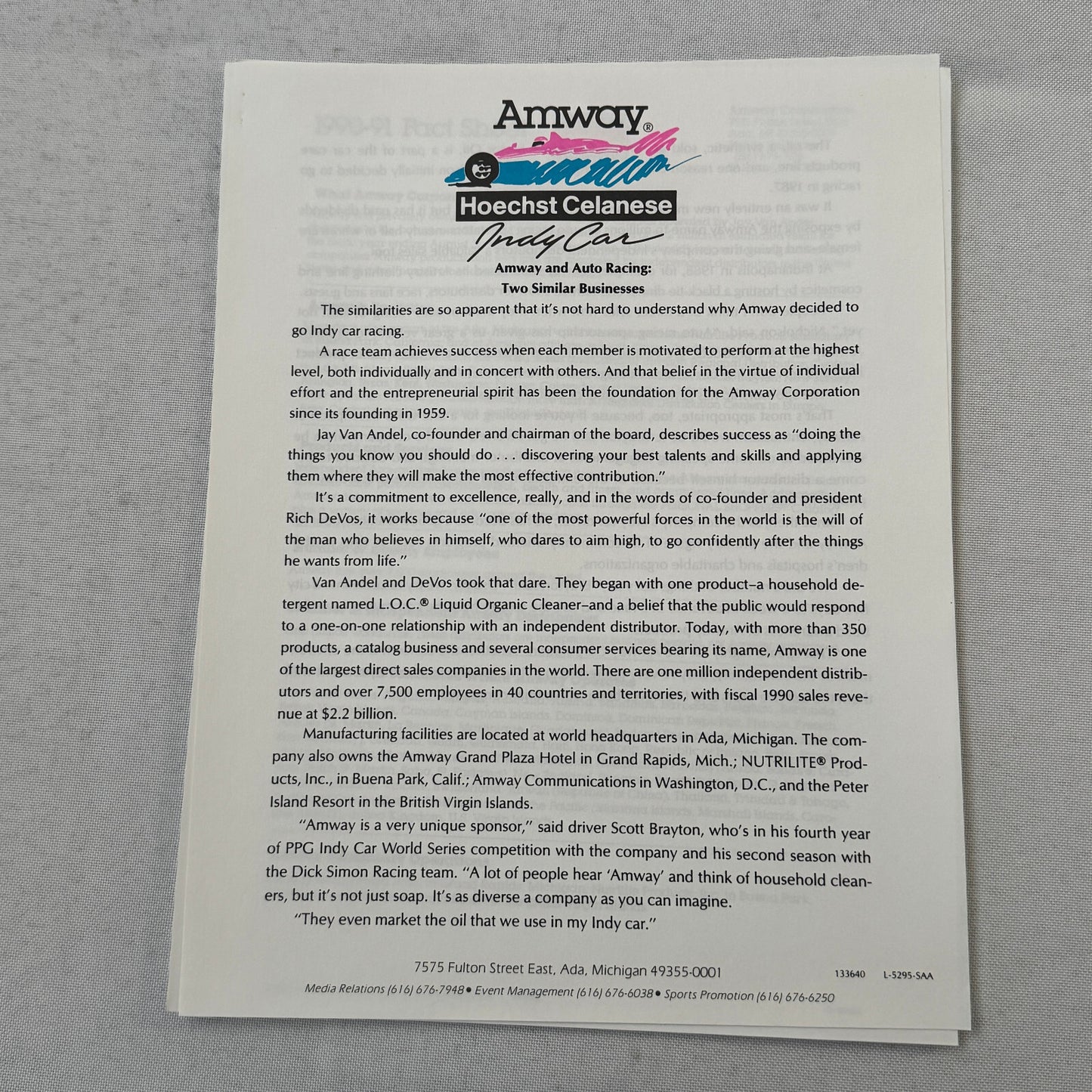 1991 Amway Indy Car Racing Press Kit Brochure Vintage Scott Brayton Driver