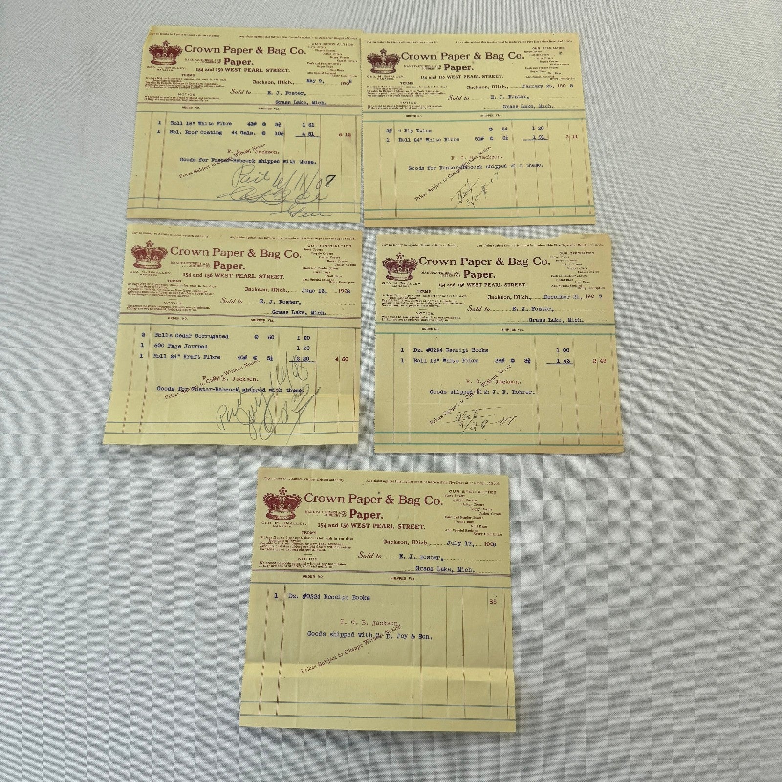 Crown Paper & Bag Company Jackson Michigan 1908 Receipt Invoice Document Lot 5x