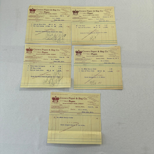 Crown Paper & Bag Company Jackson Michigan 1908 Receipt Invoice Document Lot 5x