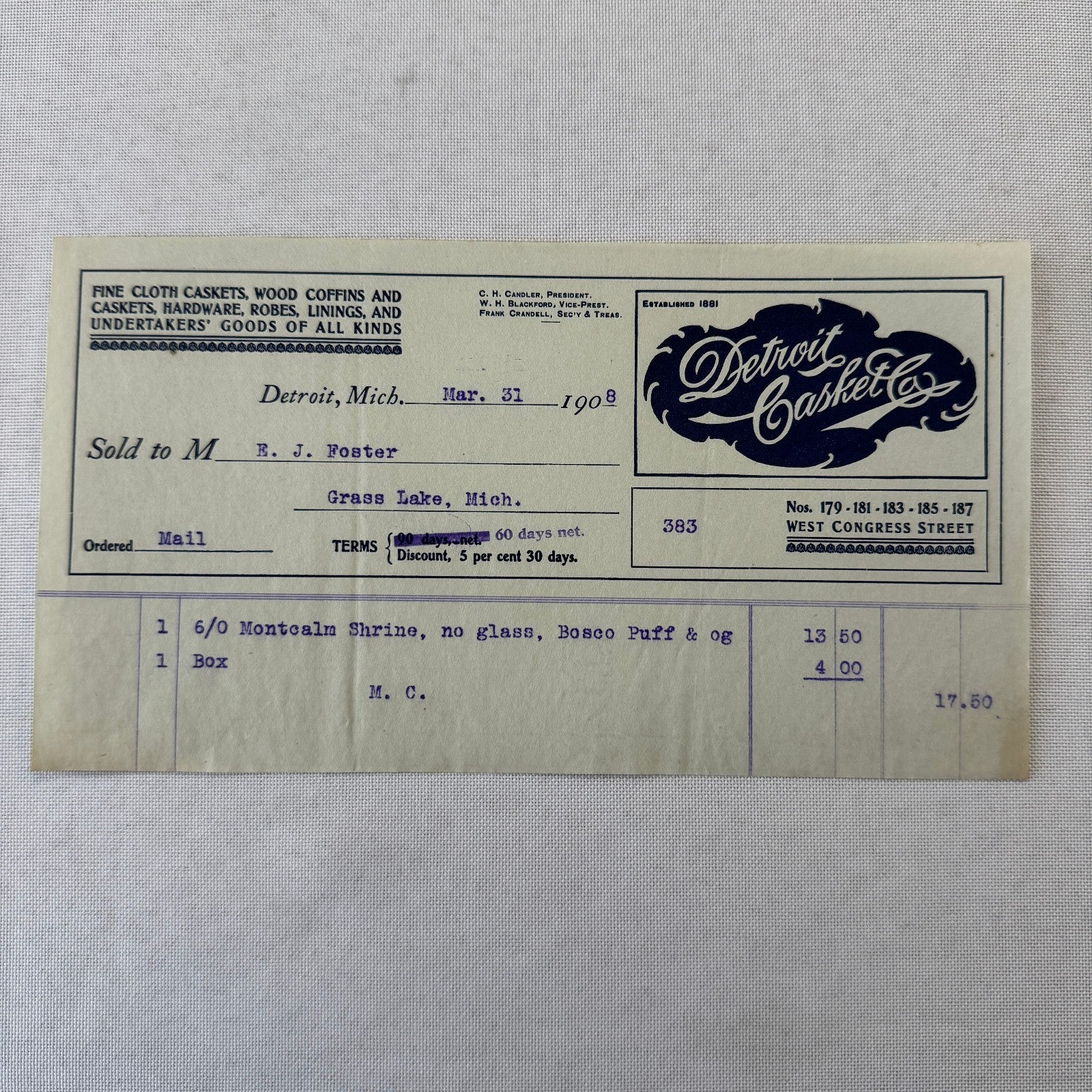 Detroit Casket Company 1908 Invoice Receipt Document Lot 2x Funeral