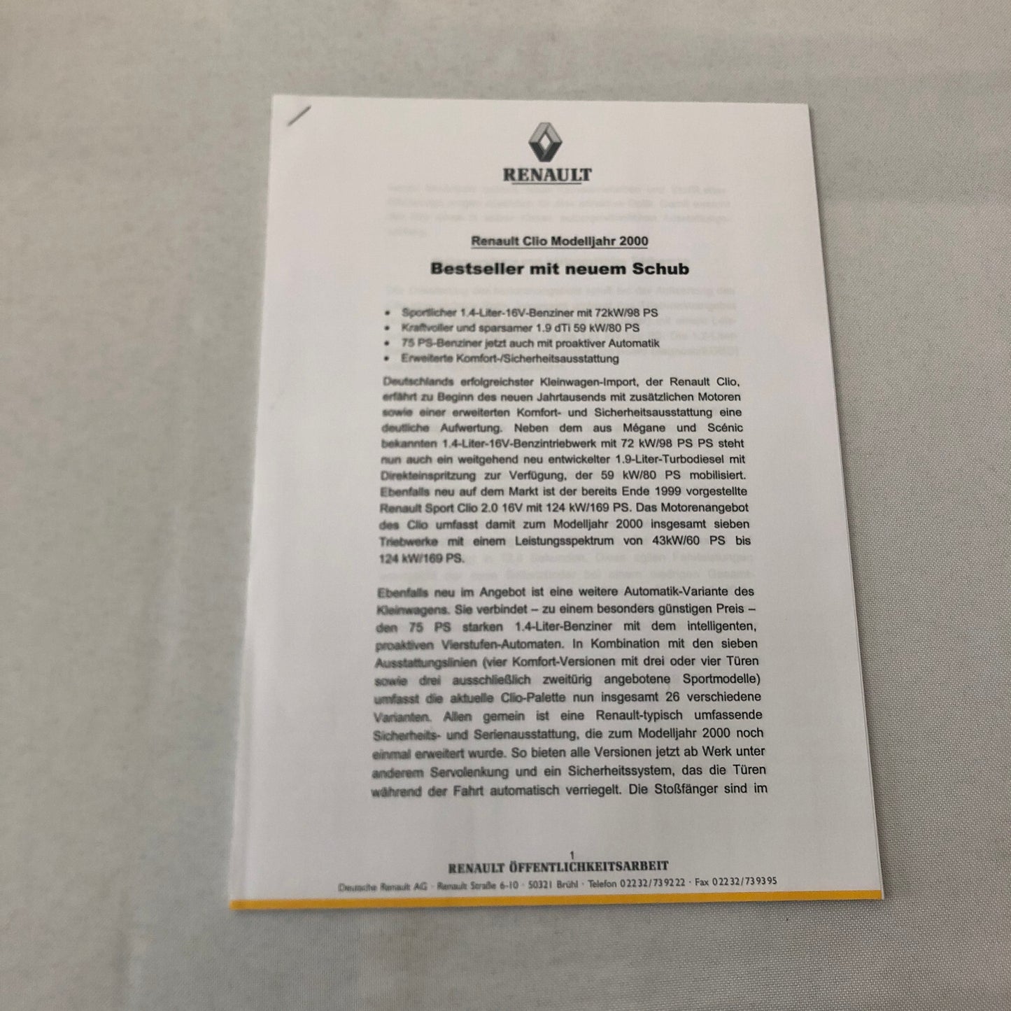 2000 Renault Clio Car Press Kit Brochure GERMAN Text