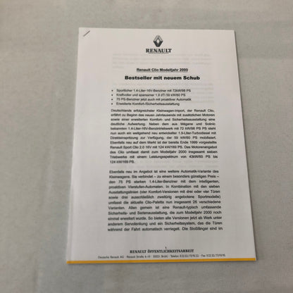 2000 Renault Clio Car Press Kit Brochure GERMAN Text