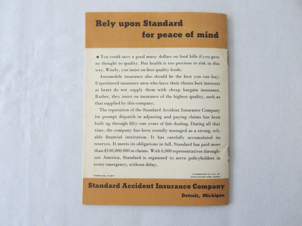 Vintage Standard Accident Insurance Book Sales Brochure 1930s - Auto Insurance 