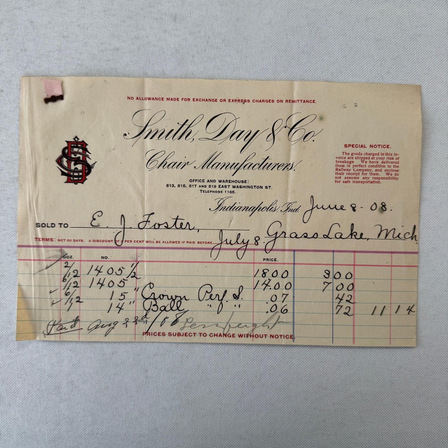 Smith Day and Company Chair Manufacturer Receipt Invoice Document 1908 Indiana
