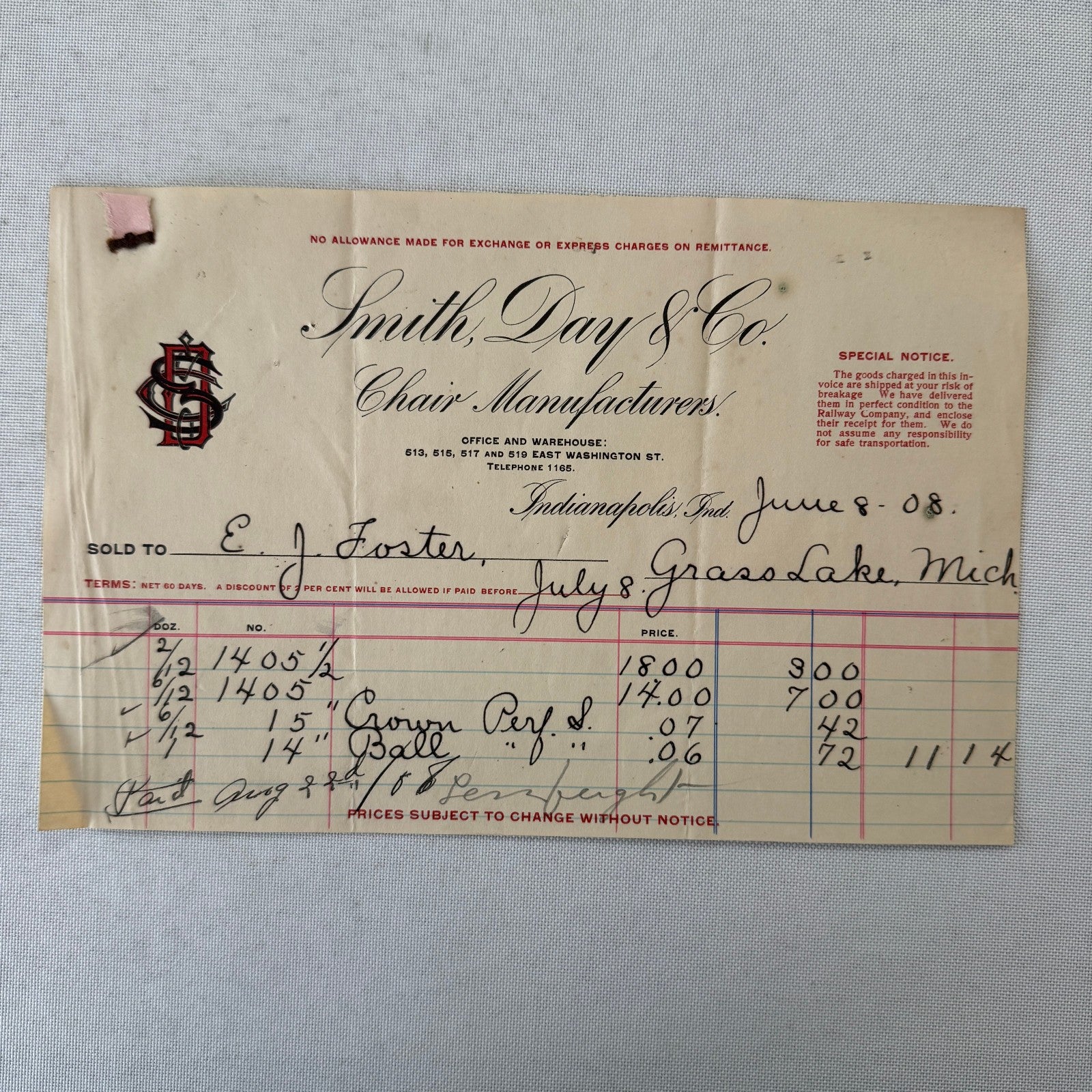 Smith Day and Company Chair Manufacturer Receipt Invoice Document 1908 Indiana