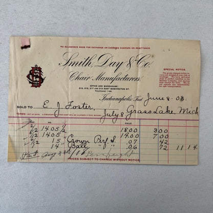 Smith Day and Company Chair Manufacturer Receipt Invoice Document 1908 Indiana
