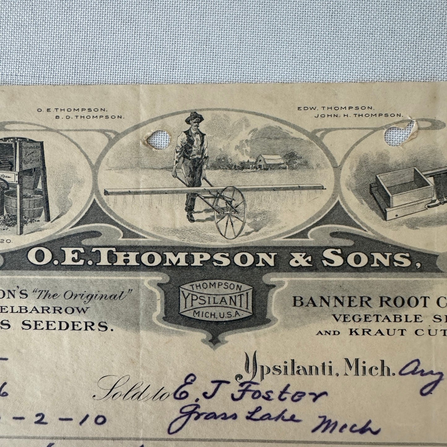 OE Thompson Receipt Letterhead Document Ypsilanti Michigan 1908 Wheelbarrow Tool