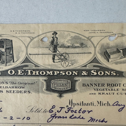 OE Thompson Receipt Letterhead Document Ypsilanti Michigan 1908 Wheelbarrow Tool