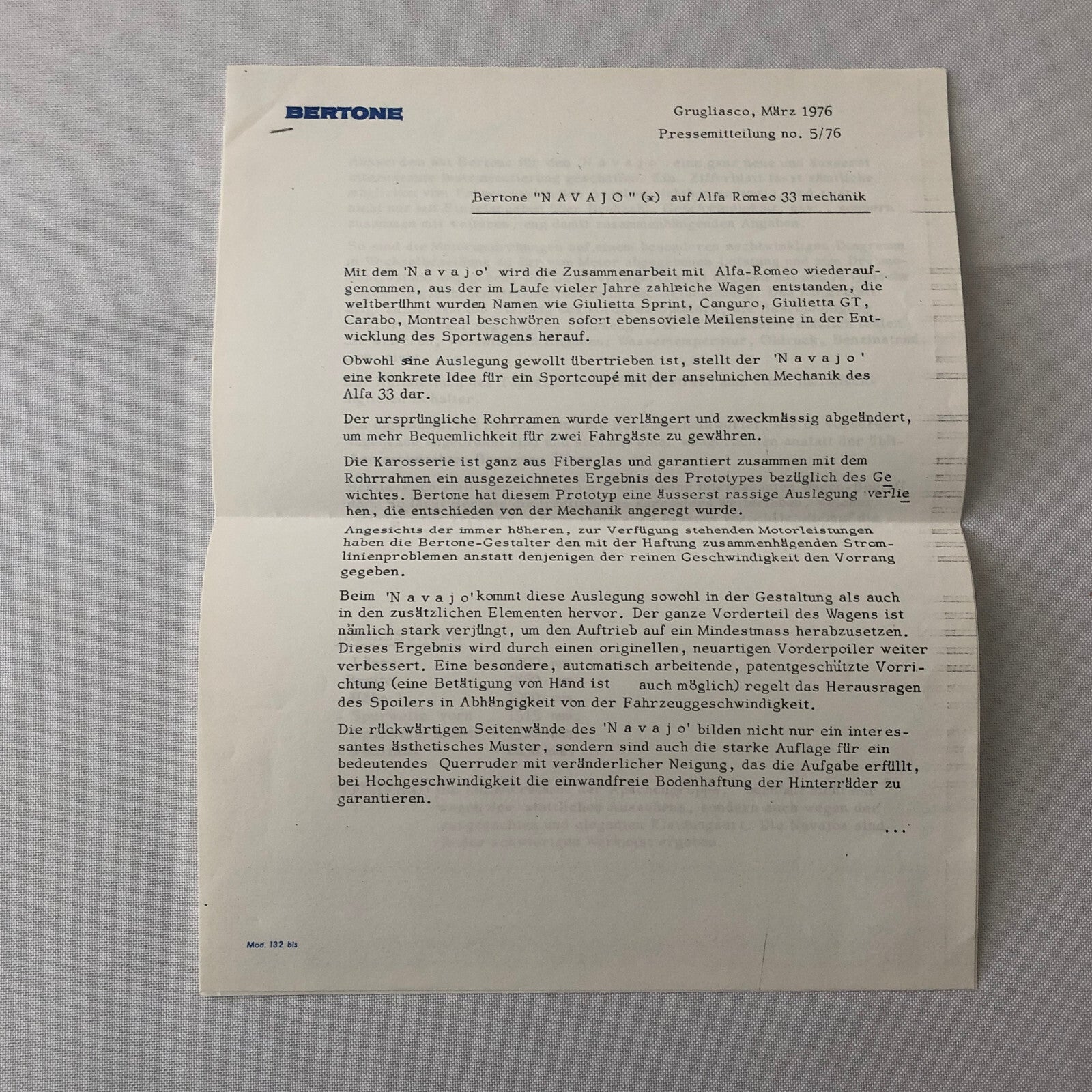 1976 Bertone Alfa Romeo 33 Navajo Concept Car Prototype Press Kit with Photos