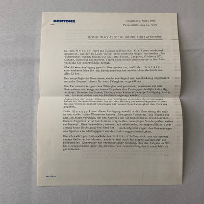 1976 Bertone Alfa Romeo 33 Navajo Concept Car Prototype Press Kit with Photos