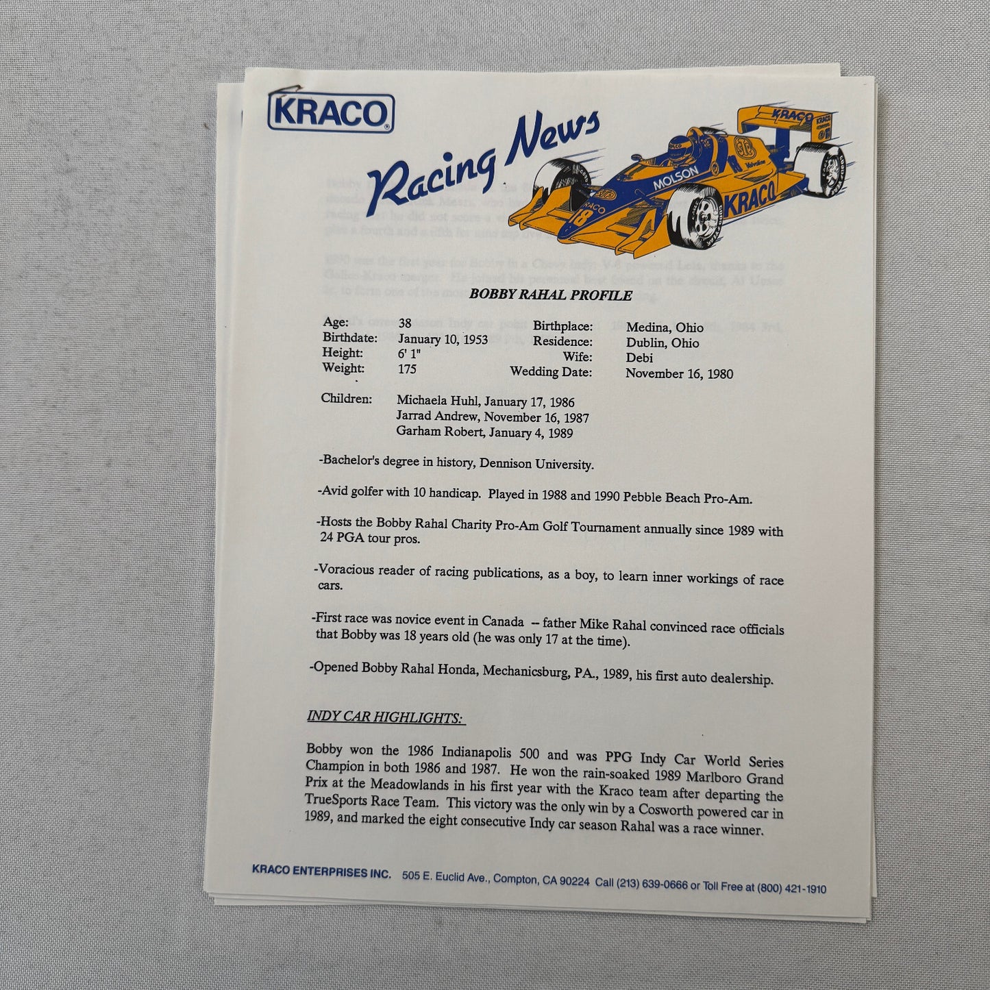 1991 Bobby Rahal Kraco Racing Press Kit Brochure Photos Lola Chevrolet Indy Car