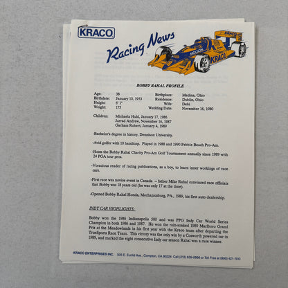 1991 Bobby Rahal Kraco Racing Press Kit Brochure Photos Lola Chevrolet Indy Car