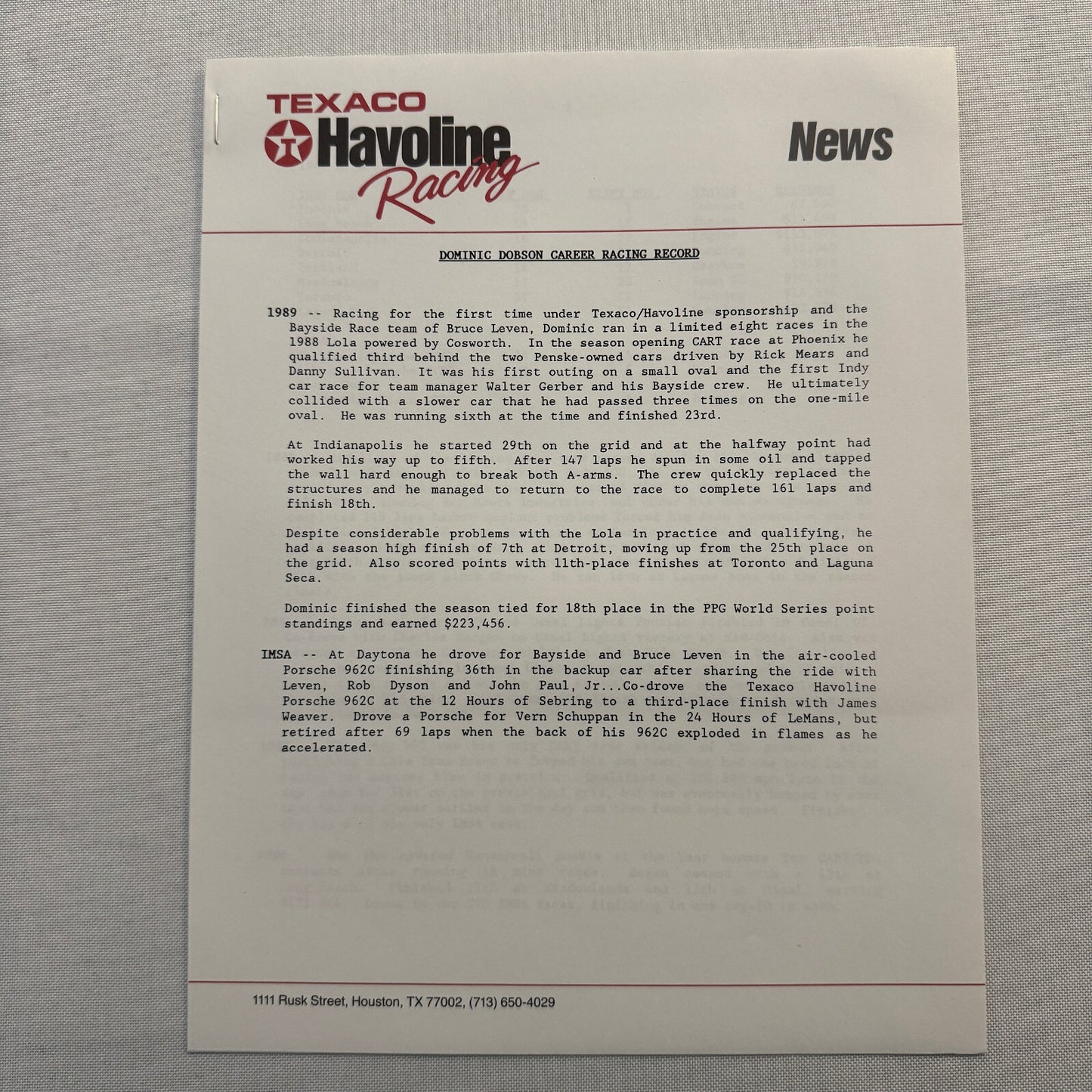 1990 Texaco Racing Team Indy CART Press Kit Brochure Photos Dominic Dobson