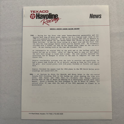 1990 Texaco Racing Team Indy CART Press Kit Brochure Photos Dominic Dobson