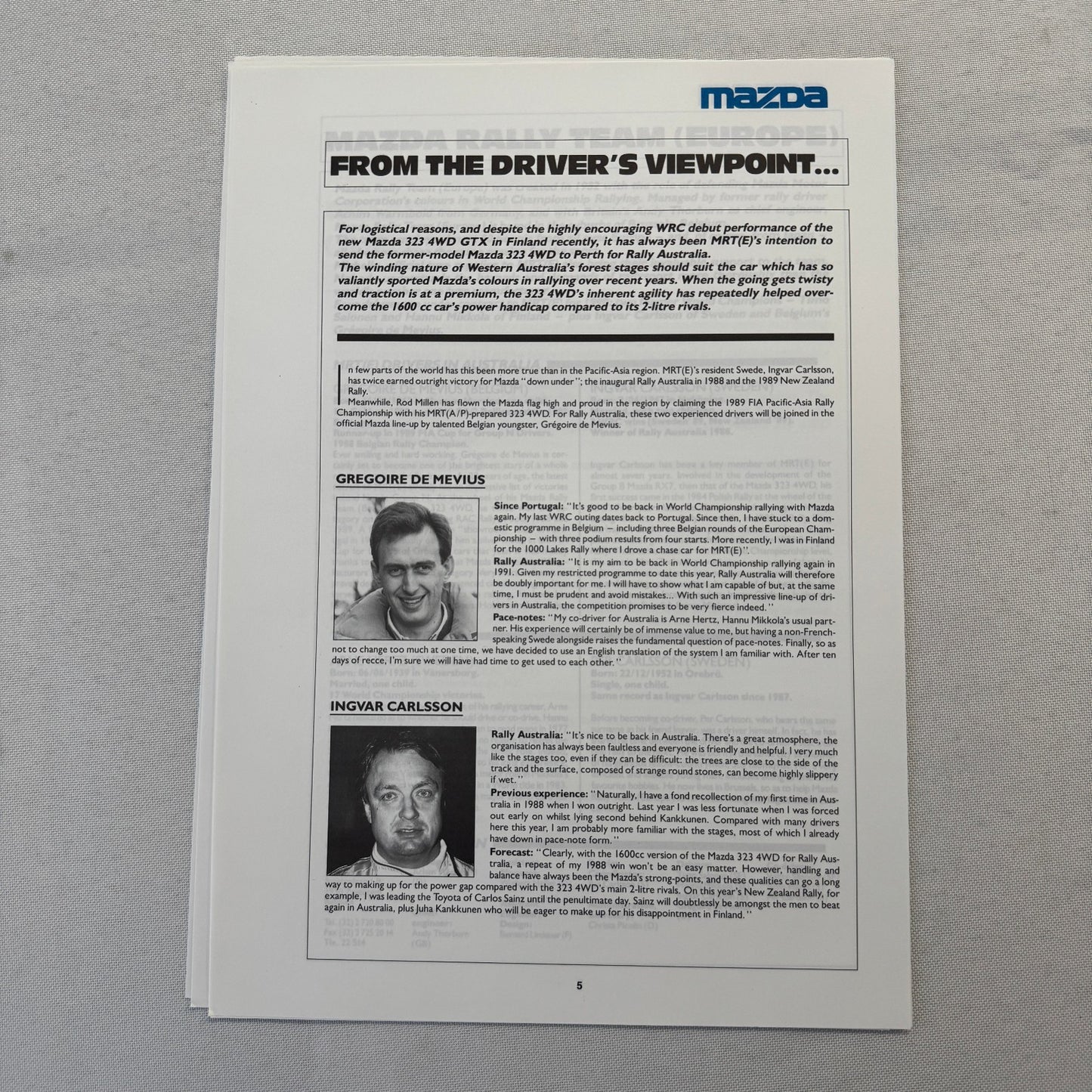 1990 Mazda Group A WRC Rally Rallye Racing Press Kit Brochure Mazda 323