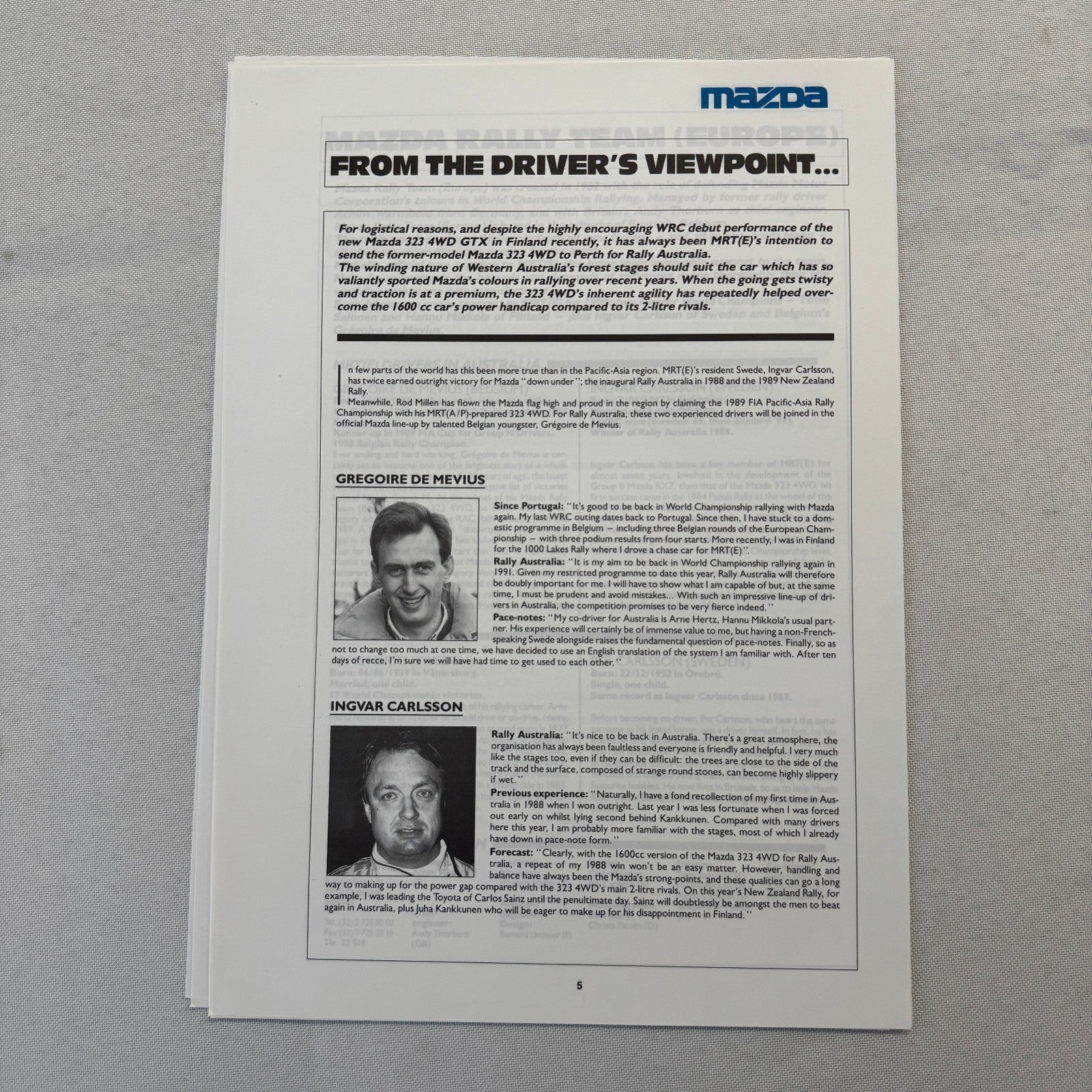 1990 Mazda Group A WRC Rally Rallye Racing Press Kit Brochure Mazda 323