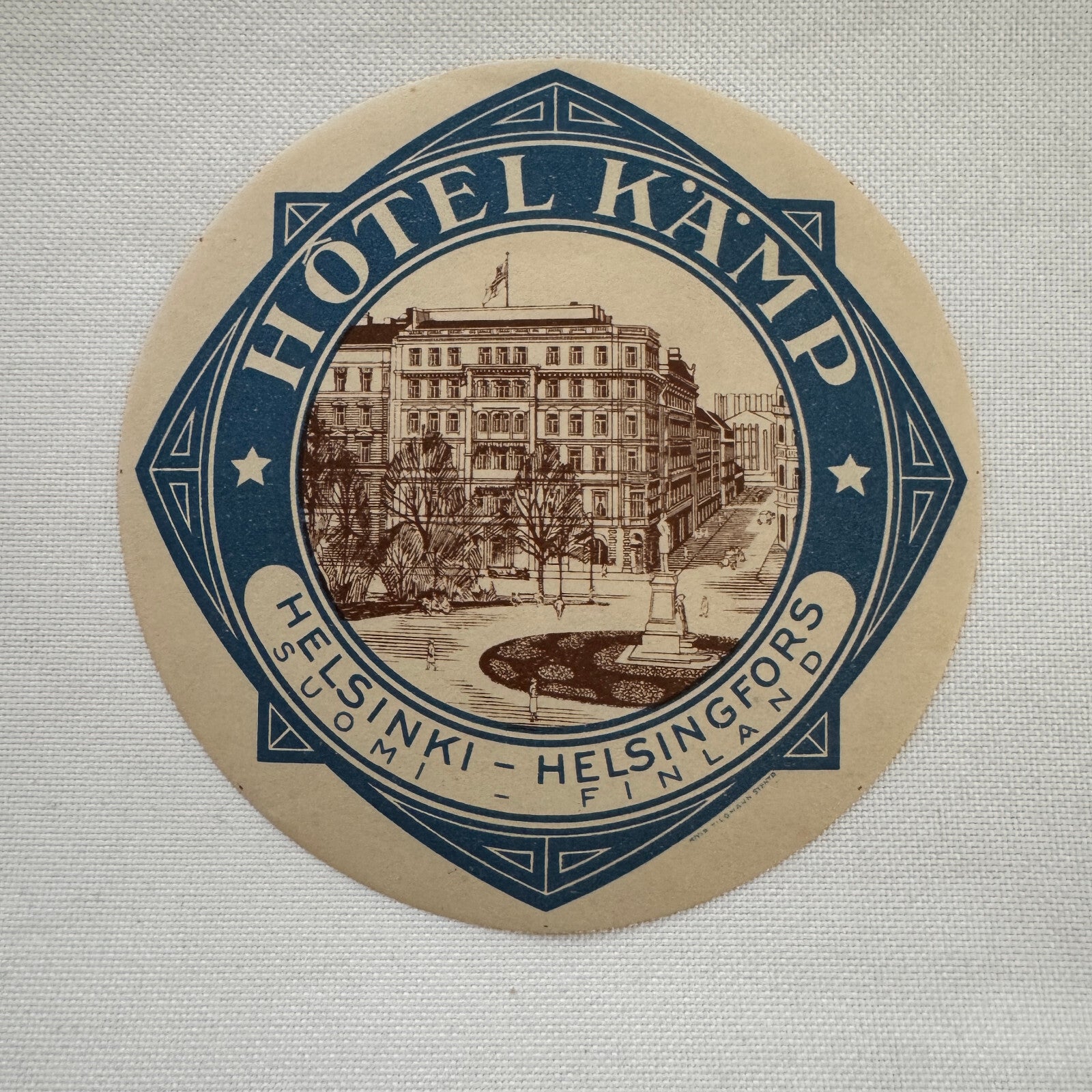 Vintage Travel Luggage Label Hotel Kamp Helsinki Finland Finnish