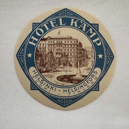 Vintage Travel Luggage Label Hotel Kamp Helsinki Finland Finnish