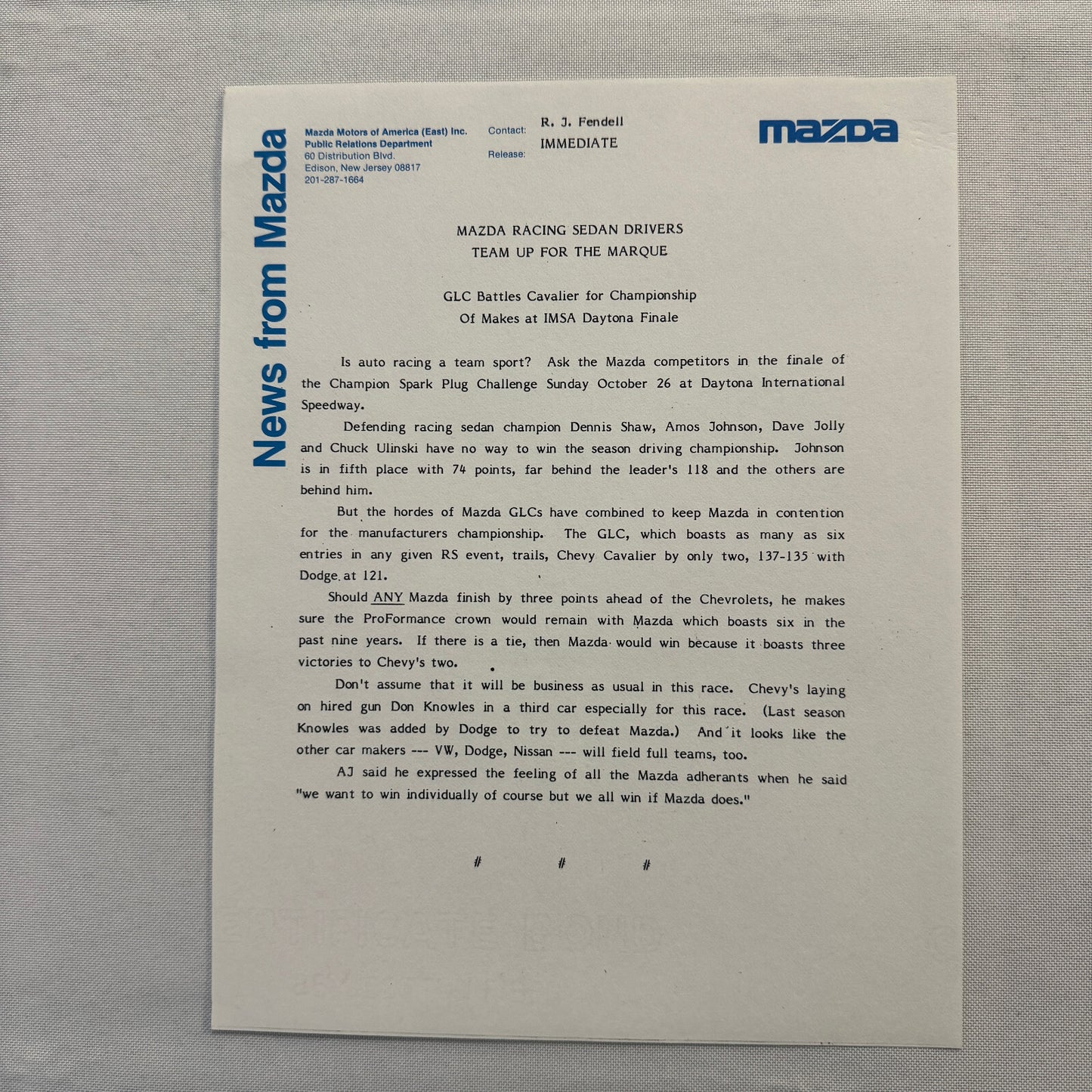 1986 Mazda RX-7 Racing Press Kit Brochure Photos Camel GT