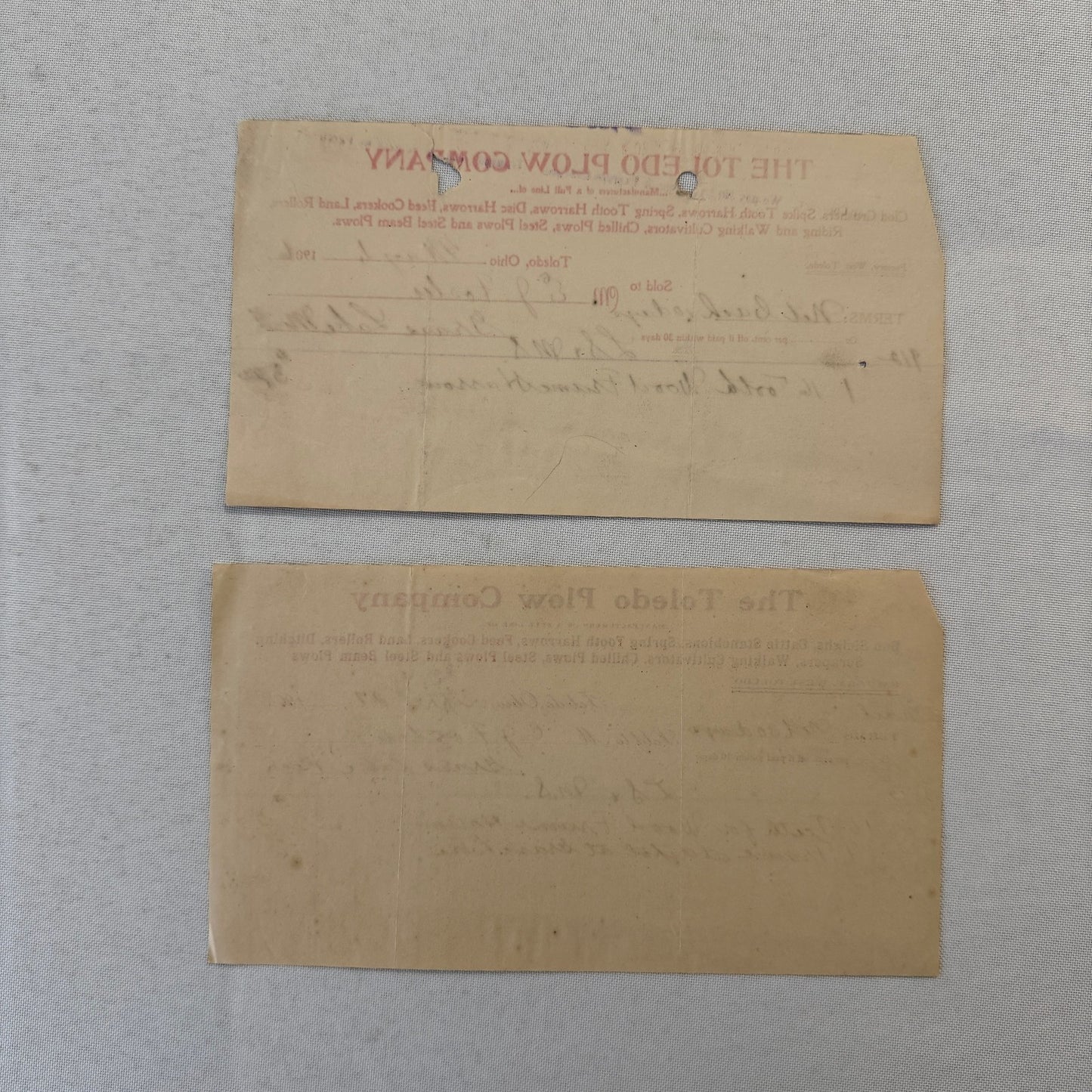 The Toledo Plow Company Invoice Receipt Document Lot 2x 1906 1908 Antique