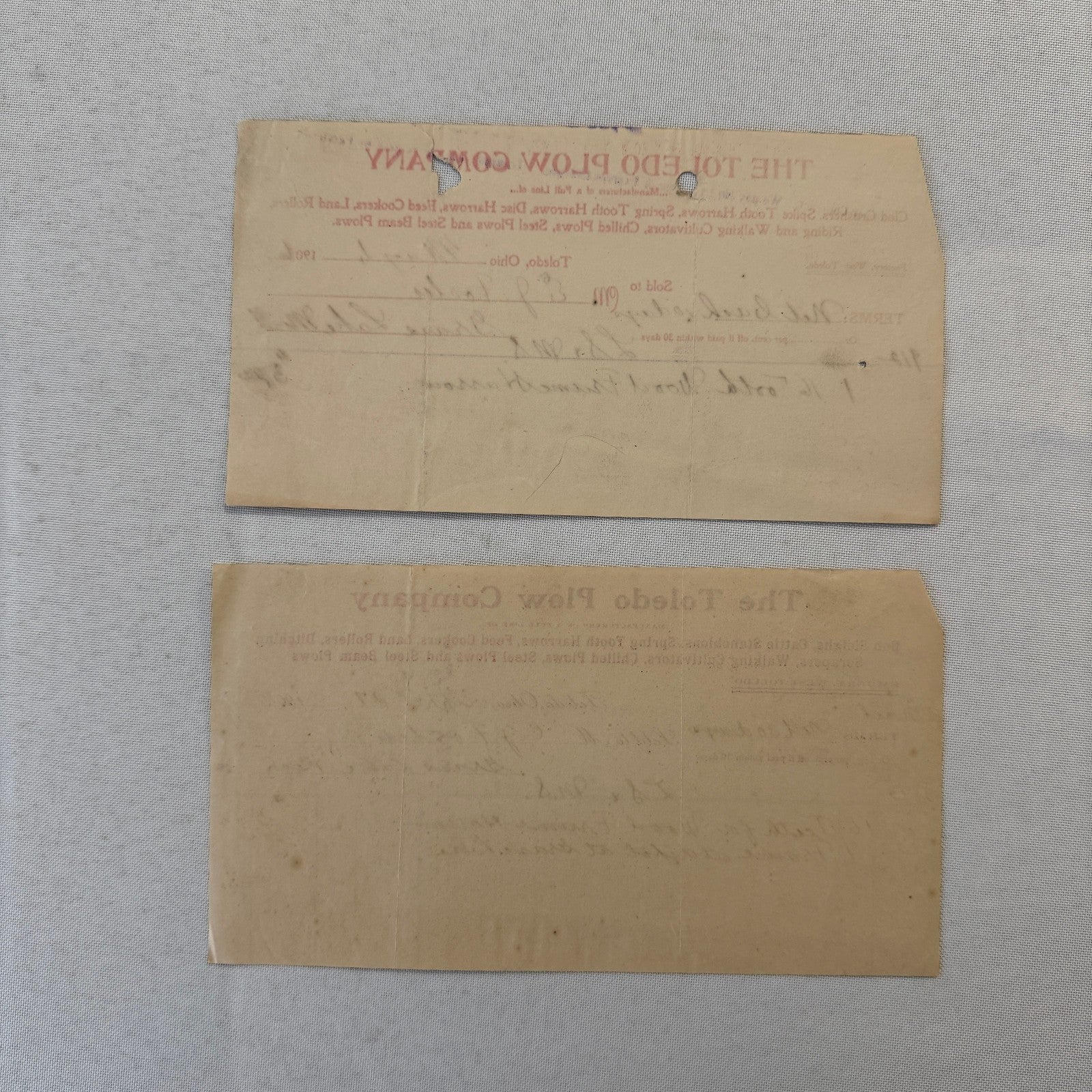The Toledo Plow Company Invoice Receipt Document Lot 2x 1906 1908 Antique