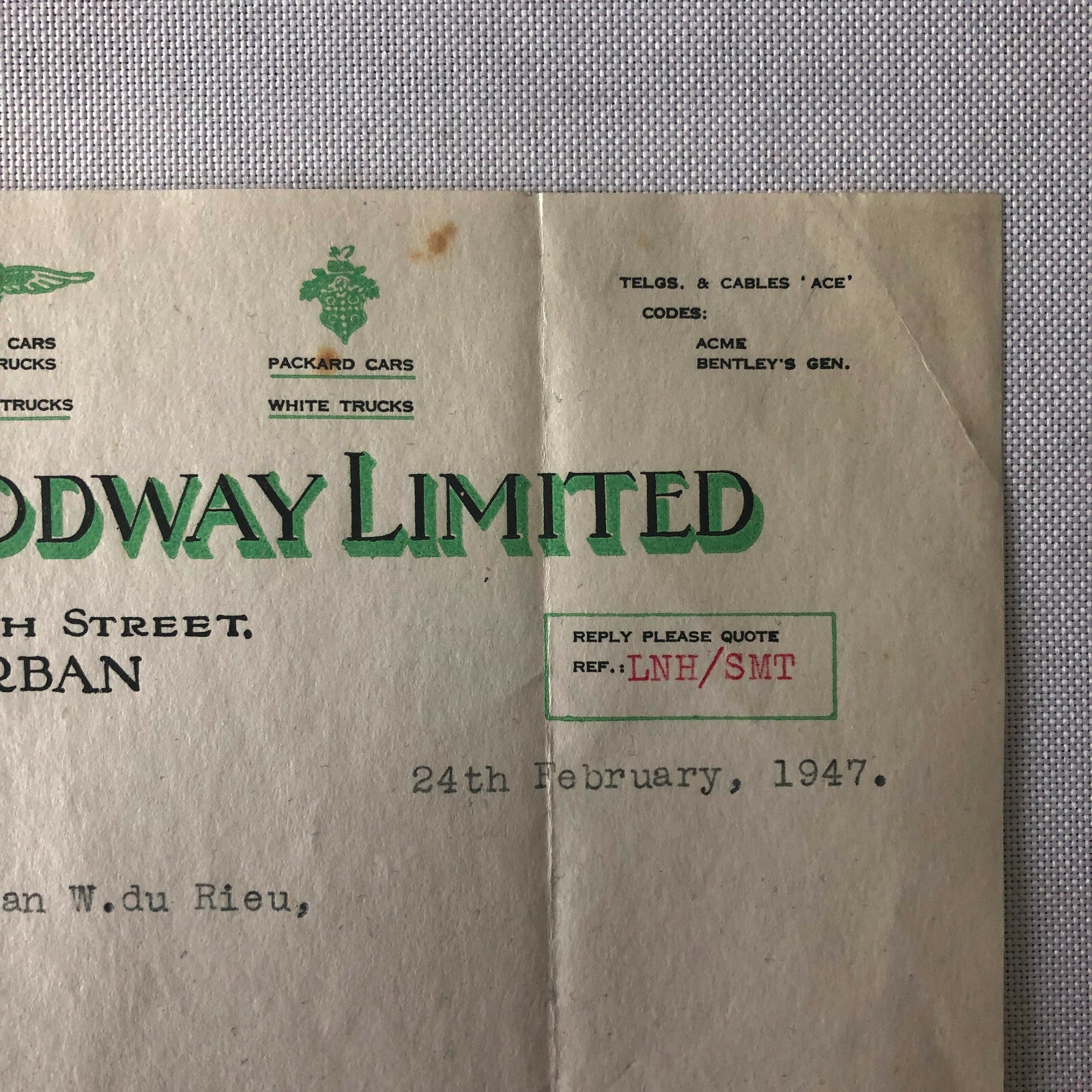 1947 Morris Dodge & Packard Car and Truck Dealership Letter Letterhead Document 
