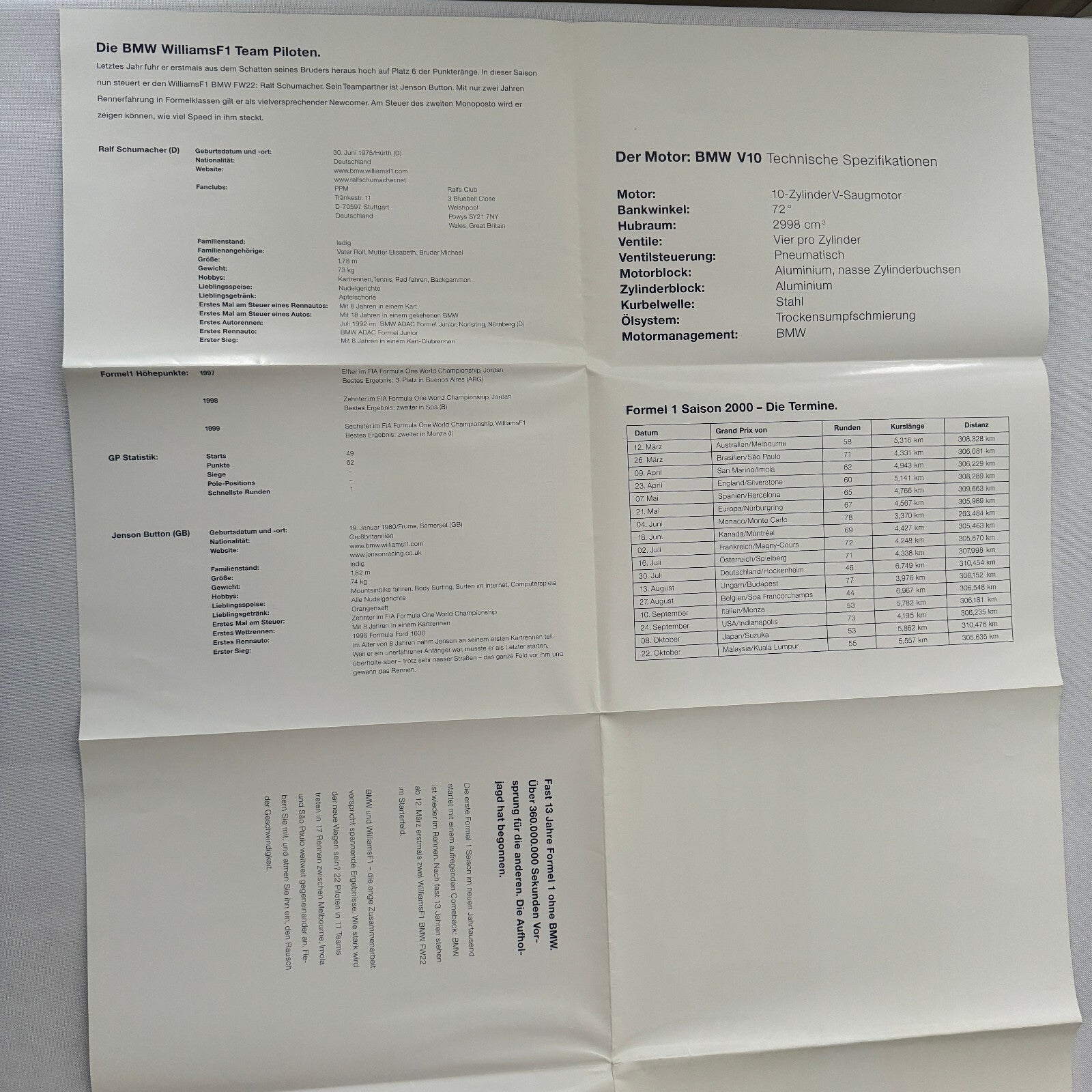 Williams BMW F1 Formula One Racing Poster Brochure German Text Compaq