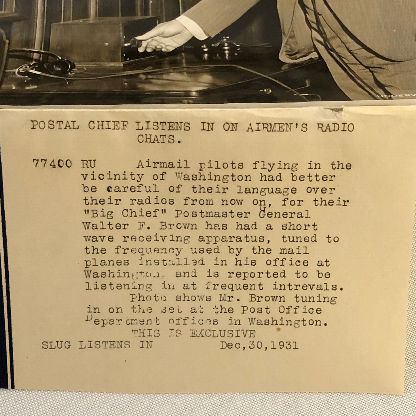 Press Photograph Photo Postmaster General Air Mail Plane Radio 1931
