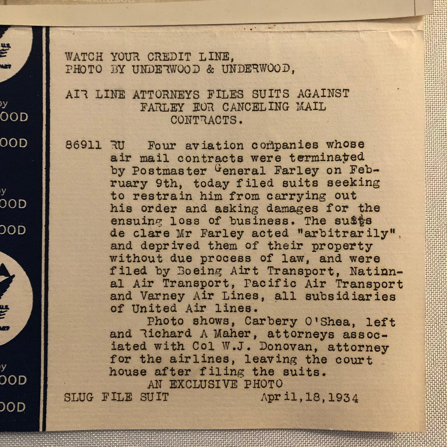 Press Photo Photograph Cancelled Airmail Contracts Lawsuit Underwood & Underwood
